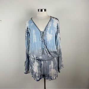 Surf Gypsy Blue White Tie Dye Long Bell Sleeve Romper Shorts Boho Bohemian